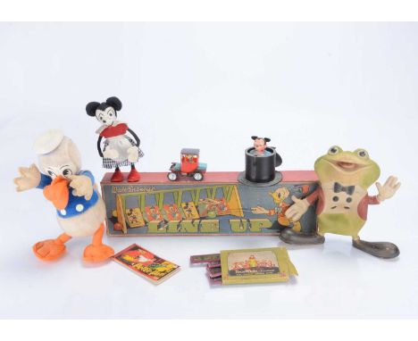 Disney toys, a Chad Valley Line Up ball rolling game, in original box —20in. (51cm.) wide; a Merrythought Donald Duck with la