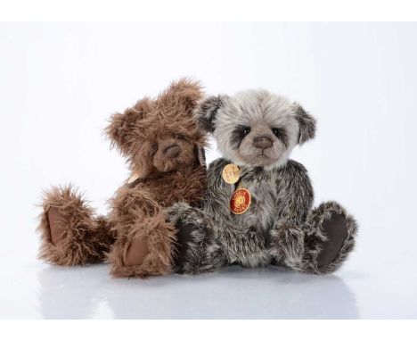 Two Charlie Bears teddy bears, a Walker panda bear, from the Best Friends Club, dark brown with cream tipping and light brown
