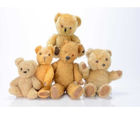 Five post-war British teddy bears,  to include, three Pedigree bears with golden mohair orange and black plastic eyes, one wi