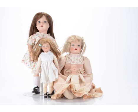 Three Diamond Pottery Company (DPC)  bisque head dolls,  including a 161 girl doll with blue lashed sleeping eyes, brown nylo