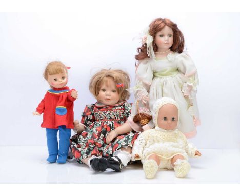 A Horsman vinyl and three recent dolls, a Horsman doll with sleeping eyes and rooted blonde hair in ponytail —15in. (38cm.) h