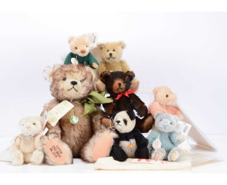 Eight limited edition German teddy bears,  comprising of a Bing, with blonde mohair, 381 of 1500, with card tag, a Hermann Li
