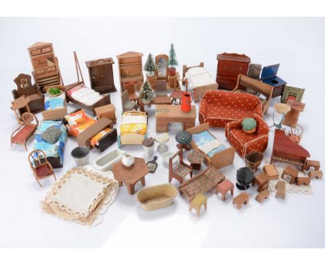 A quantity of 1900 to 1930s dolls' house furniture,  including red stained Art Noveau upright piano —5 ¼in. (13.5cm.) high, a
