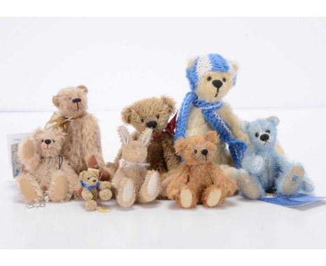 Eight small/miniature artist teddy bears,  two Rememb-bear Bears, single edition teddy bears, designed by Tina Underwood Sunn
