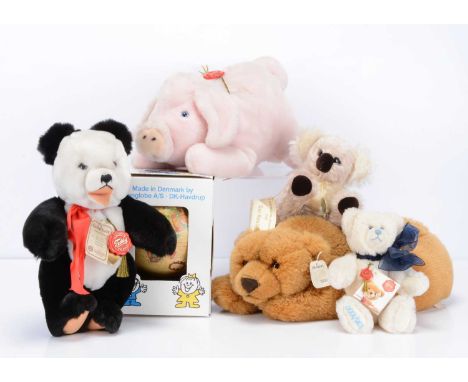 Five Hermann teddy bears/soft toys, a limited edition Panda, 148 of 200, with card tag, a crouching pig —15in. (38cm.) long; 