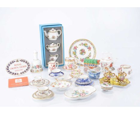 British miniature porcelain tea ware,  trios of Coalport Ming Rose and Willow and Wedgewood Kutani Crane; cup and saucers of 