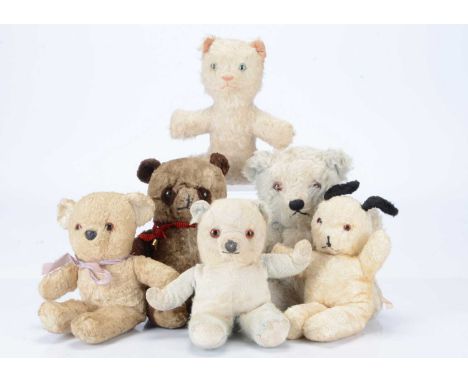 Six vintage unjointed babies crib/pram teddy bears and soft toys, including a Chiltern blue and white plush seated bear with 