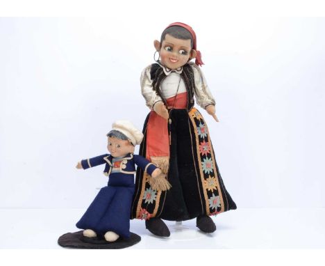 Two Alpha Farnell boy dolls,   a sailor doll with press brush cotton face, painted side glancing eyes and grin, unjointed fel