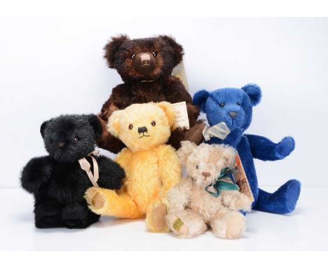 Five Merrythought teddy bears,  Butternut, 147 of 500, with pale cream mohair and card tag —10 ½in. (27cm.) high; Gilbert, wi