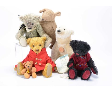 Six artist /collectors teddy bears and soft toys, comprising of a Bispham Bears, Herbie 1 of 1 with card tag —13in. (33cm.) h