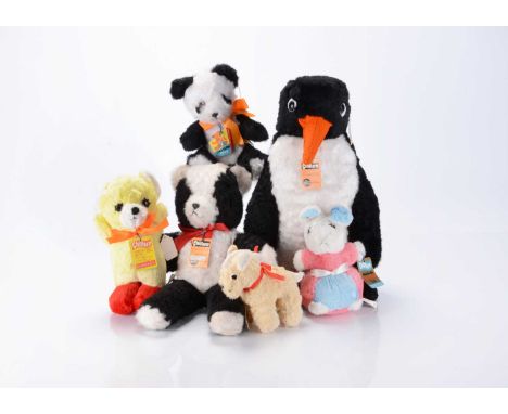 Six Chiltern post-war soft toys and teddy bears, including a large Penguin with black plastic eyes on white felt backs with o