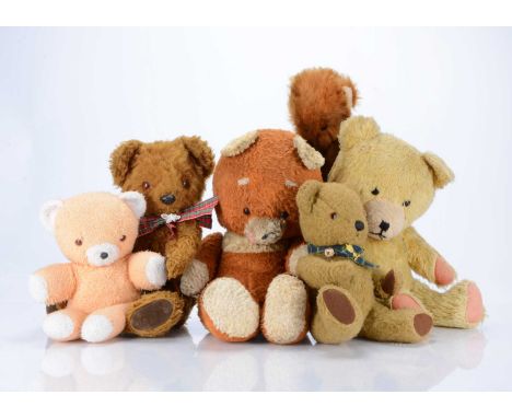 Six post-war synthetic teddy bears, including a Chad Valley with light brown and black flecked plush, orange and black plasti