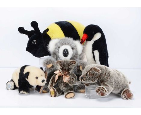 Six Merrythought teddy bears/ soft toys, including a limited edition baggy new born panda, 13 of 500, with card tag, two fros