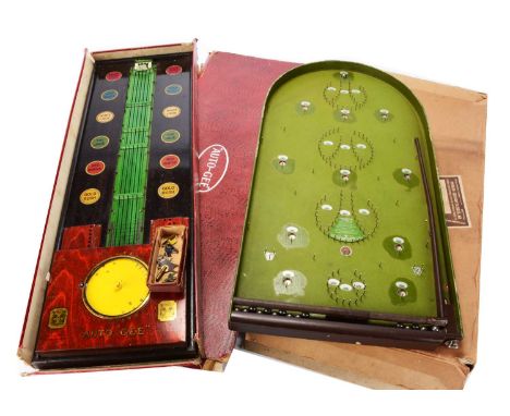 A Wells O' London clockwork Auto Gee horse racing game,  lithographed tinplate on wooden base, in original box —34 ½in. (88cm