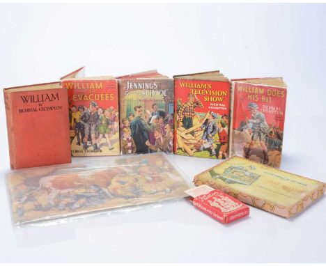 Richmal Crompton Just William, a Wilks & Sons jigsaw puzzle and Pepys playing cards, in original boxes; three books with dust