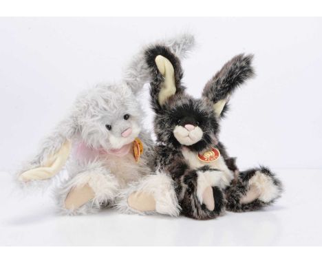 Two Charlie Bears rabbits,  both designed by Isabelle Lee; Caitlin with grey plush and card tag —12in. (31cm.) high; and Penn