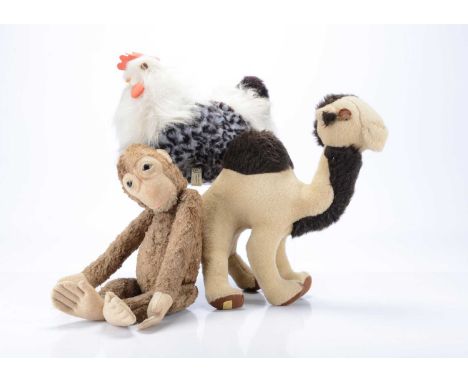Three post- war soft toy animals,  A Merrythought camel, with label to underside of foot —14in. (35.5cm.) high; a cotton plus
