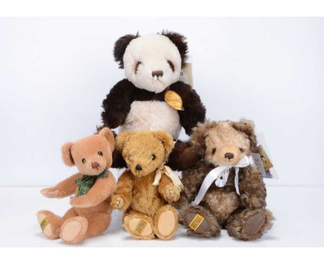 Four Merrythought teddy bears,  a limited edition replica Magnet Bear, from the 1936 pattern designed by Florence Atwood, wit