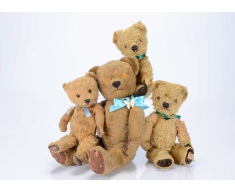Four post-war British teddy bears,  Two Chad Valley bears with golden mohair, orange and black glass eyes, black stitched nos