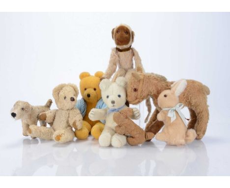 Eight British soft toys and teddy bears, including rare washable Norah Wellings rabbit with removable skin, with light aprico