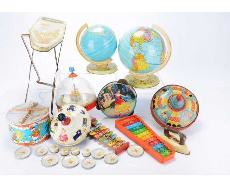 Various tin toys,  a Chad Valley globe —12in. (30.5cm.) high, another smaller, a Disney drum, three tops and other items (som