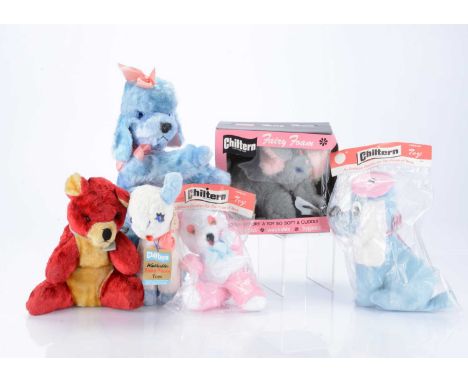 Six post-war Chiltern teddy bears and soft toy animals,  including a Fairy Foam elephant for The House of Rees, with grey and