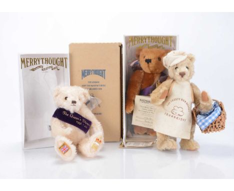 Three Merrythought teddy bears, comprising of a Queen's Diamond Jubilee bear, 45 of 200, in original window box with tag cert