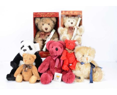 Seven collectors teddy bears,  two Canterbury bears, a Teddy Original Golden Jubilee bear in original box  with certificate, 