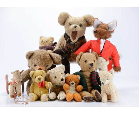 Ten post-war teddy bears/soft toys,  including a lioness with  golden mohair, yellow and black glass cats eyes, black stitche