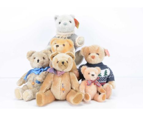 Six German teddy bears,  three Clemens bears, a small  Grisly bear with peach mohair —8 ¾in. (22cm.) high; and two Gund bears