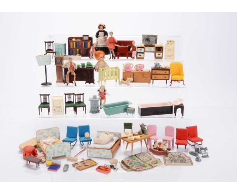 Various post-war dolls' house furniture and chattels,  a bookcase with fitted books —3 ½in. (9cm.) wide; Grecon girl doll, ro