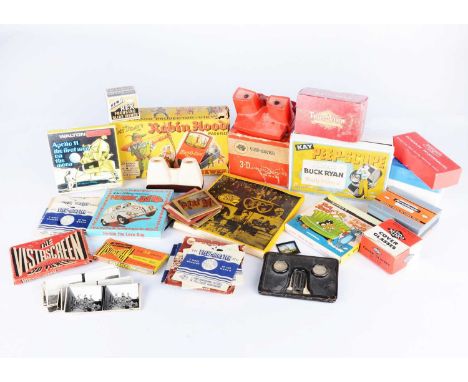 Film viewers and reels, a View-Master, in original box; another with no box; a box of True-View Stereoscope films, a Disney R