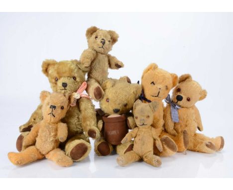 Seven post-war British teddy bears,  including five Pedigree bears, four with labels to back seams, a Chad Valley Honey Pot b