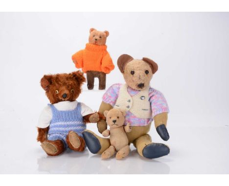 Four post-war teddy bears, including an American Knickerbocker bear with red-brown mohair, golden and black tinplate eyes, bl