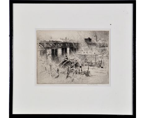Percy Robertson - The High Level and Swing Bridges at Newcastle, indistinctly signed in pencil, etching, 15 x 20cms; 6 x 8in.