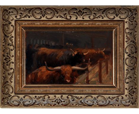 Donald Wood - Highland cattle at market, with inscription verso, oil on panel, 13 x 21.5cms; 5 1/4 x 8 1/2in.