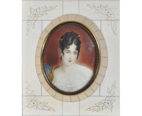 **** G*** - "Mme. Recamier" - a miniature bust portrait, indistinctly signed, bodycolour on ivory, 8.4 x 6.5cms; 3 1/4 x 2 1/