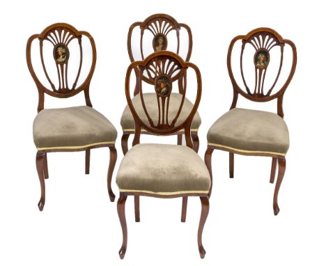 AN ATTRACTIVE SET OF FOUR EDWARDIAN INLAID MAHOGANY SHIELD BACK SIDE CHAIRS, each back with a pierced splat and an oval femal