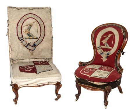 A VICTORIAN WALNUT BALLOON BACK OCCASIONAL CHAIR, with crested tapestry back and circular tapestry seat, raised on front cabr