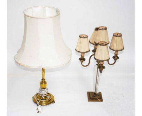 A FIVE BRANCH BRASS AND GLASS TABLE LAMP,  25'''' (64cm); together with another brass lamp with cream shade. (2)