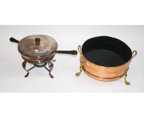 A LARGE SILVER PLATED FOOD WARMER,  with cover and two wooden handles, raised on four cabriole legs; together with a large br