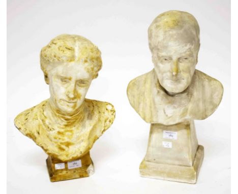 A COMPOSITION CHALK BUST OF A LADY, possibly Countess Markievicz, 15" (38cm); together with another portrait bust depicting a