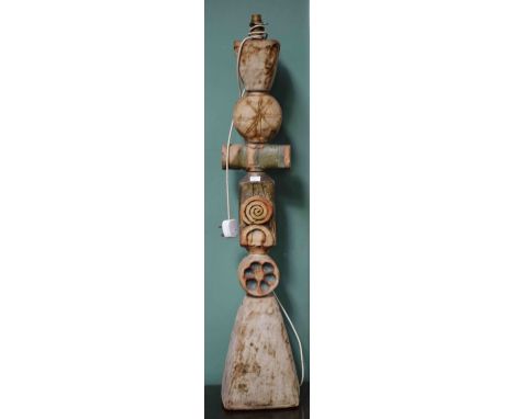 A STONEWARE CELTIC STYLE TABLE LAMP, with cruciform centre on a square flared base, 41'' (104cm); together with another balus