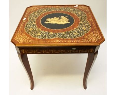 A VERY UNUSUAL MARQUETRY GAMES TABLE,  the square top inlaid with classical scene, mythical birds and scrolling foliage with 