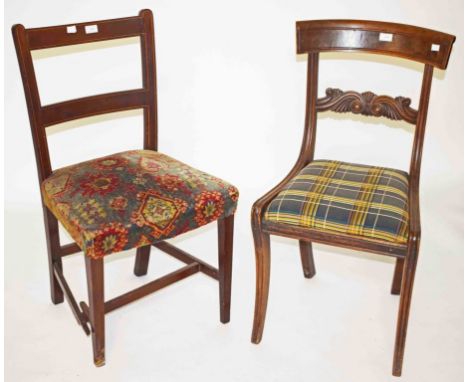 FIVE SIMILAR DOUBLE BAR BACK INLAID MAHOGANY DINING CHAIRS, each with stuff over seat, raised on front square tapering legs; 