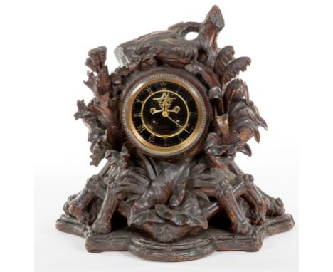 A VERY UNUSUAL AND RARE CARVED 'BLACK FOREST' MANTEL OR BRACKET CLOCK,  19th century by A.C.V. Bergen of Interlacken, the rus