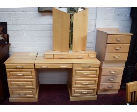 A MODERN BEECH KNEE HOLE DRESSING TABLE, with triptych mirror back, above an arrangement of twelve drawers, 61” (155cm) wide;