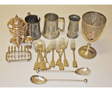 TWO PEWTER TANKARDS,  a peweter half print measure, a large silver plated trophy goblet 1872, a very small three handled ditt