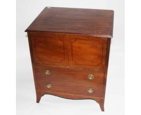 A GEORGE IV PERIOD INLAID MAHOGANY BEDSIDE NIGHT-TIME COMMODE,  the lift-up fold-back top opening to reveal a furnished compa