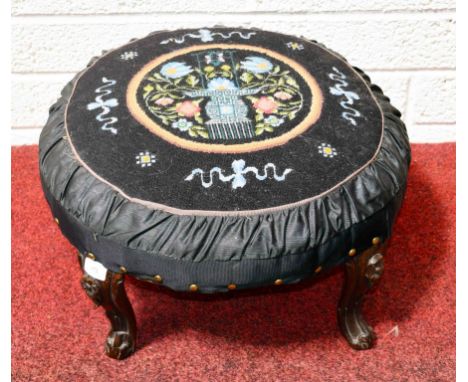 A CIRCULAR VICTORIAN WALNUT STOOL,  adapted, with front cabriole legs and tapestry seat, 21'' (54cm); together with a North A